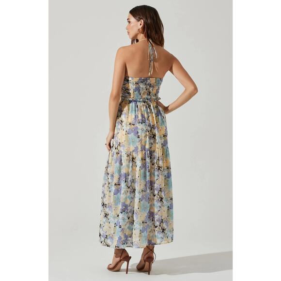 ASTR The Label Women's Rozina Blue Green Floral Cutout Lined Maxi Dress - Picture 2 of 7